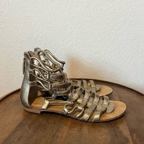 Giuseppe Zanotti Napa Silk Boost Gold Gladiator Flat Sandals Size 37.5 US 7.5 - Picture 4 of 8